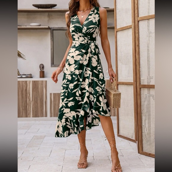 Boho floral print ruffle trim wrap knot dress - Picture 1 of 6